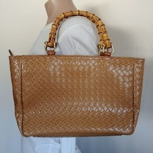Relic Brown Wood Handle Raised Pattern Purse